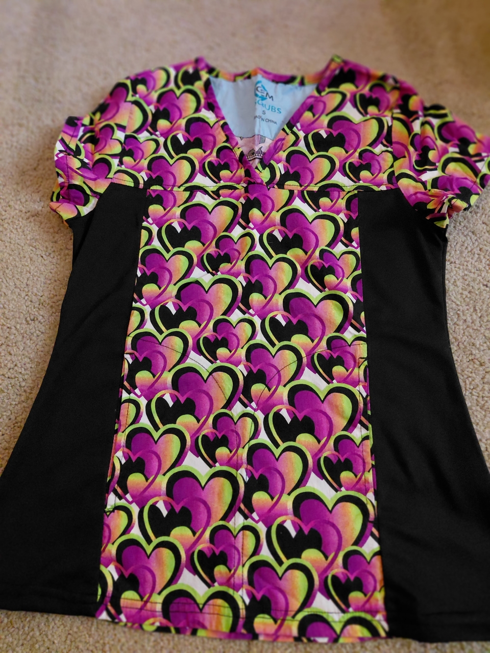 Heart-Print V-Neck Scrub Top - Purple, Yellow & Black